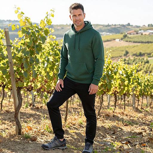 Man in Forest Green Hoodie in Vineyards