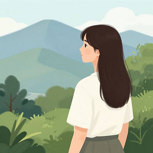 Digital illustration of a young woman with long black hair, wearing a white shirt and gray skirt, facing a lush, mountainous landscape.