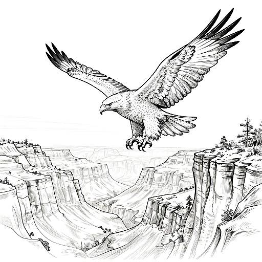 Majestic Eagle Over Canyon Line Art