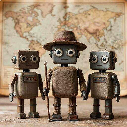 Vintage Ragdoll Robots with Map Background