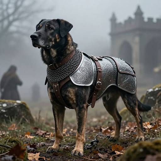 Photograph of a black and brown dog wearing ornate silver medieval armor, standing on a mossy, leaf-covered ground with a foggy, castle