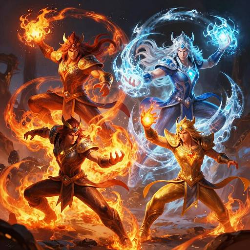 Digital artwork of three muscular warriors in dynamic combat, wielding fire and ice, surrounded by blazing flames and swirling elemental energy.