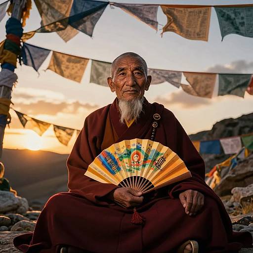 Photograph of elderly Tibetan monk with white beard, wearing brown robe, holding colorful fan, under sunset sky with prayer flags.