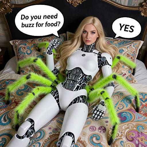 Photorealistic CGI of a blonde woman in a white and black robotic bodysuit, lying on an ornate bed, with neon green feather-like