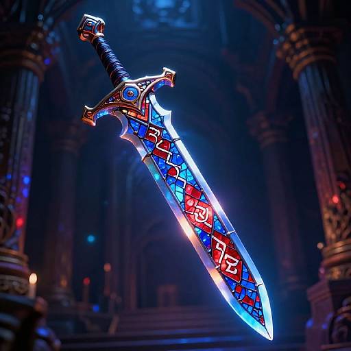 Photorealistic CGI of a glowing, intricately designed sword with blue and red runes, suspended in a dimly lit, grand cathedral.