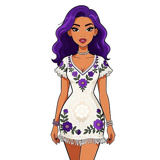 Digital illustration of a beautiful woman with long purple hair, wearing a white floral dress with purple flowers, standing confidently against a white background.