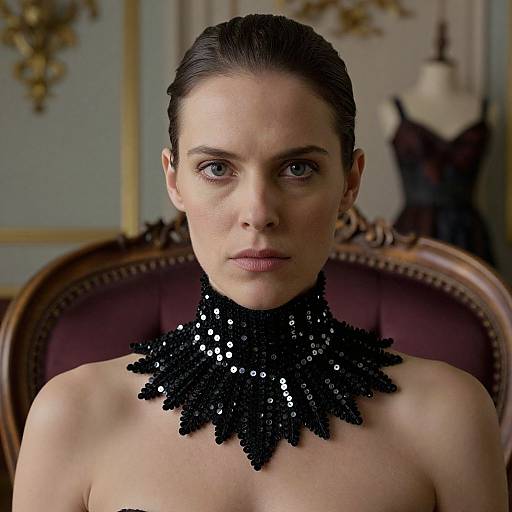 Photograph of a serious, fair-skinned woman with slicked-back brown hair, wearing a black sequined, statement necklace, seated in an orn