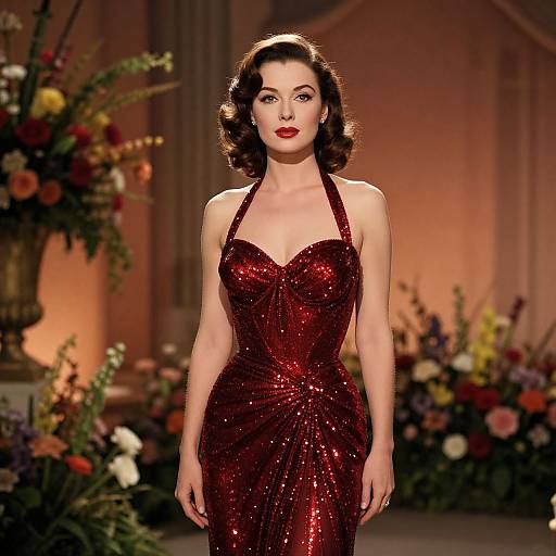 Photograph of a fair-skinned woman with dark, wavy hair in a red, sequined halter gown, standing in a warmly lit floral