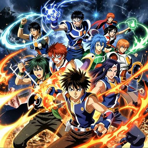 Digital anime artwork of diverse, muscular warriors wielding elemental powers (fire, ice, lightning) in dynamic, action-packed poses against a starry night sky