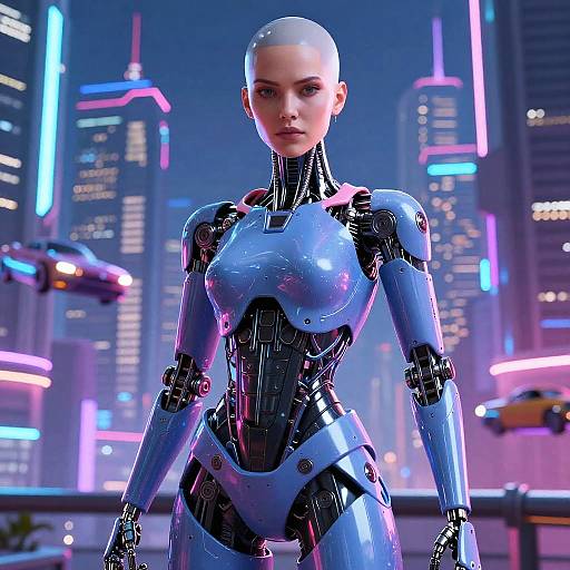 CGI image of a bald, futuristic female android with a sleek, metallic blue and black body standing in a neon-lit cityscape.