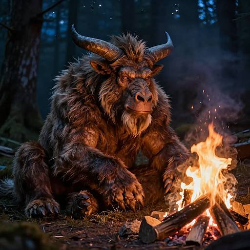 Photograph of a fierce, muscular, dark-furred minotaur with large horns, crouching by a bright campfire in a dark forest