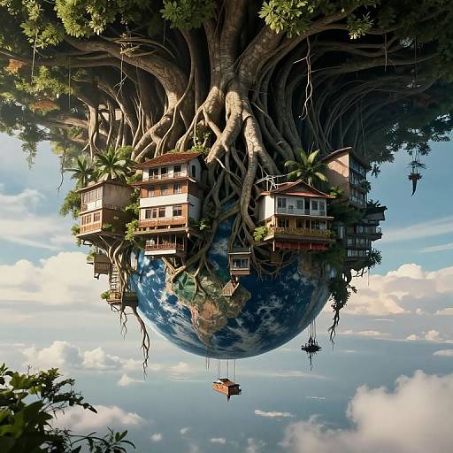 Fantastical digital art: Tree with sprawling roots supporting floating, Earth-shaped house village, surrounded by clouds, with small wooden boat below.