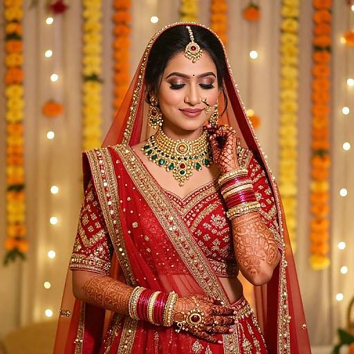 Photograph of a beautiful South Asian bride in a red and gold traditional lehenga, adorned with intricate jewelry, standing against a backdrop of colorful marig