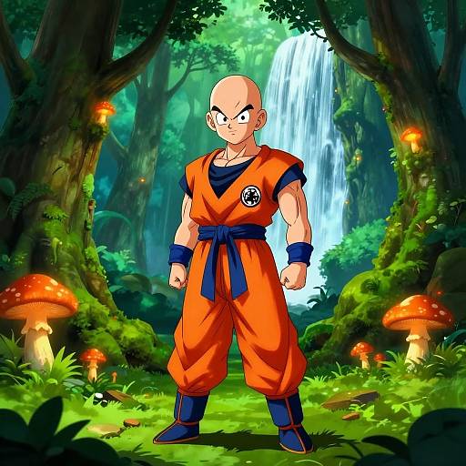 Digital art of bald, muscular Goku in orange martial arts outfit, standing confidently in lush forest with mushrooms and waterfall.