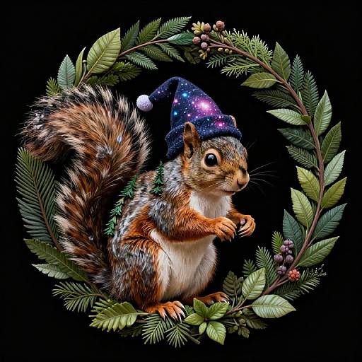 Squirrel with Forest and Galaxy Santa Hat