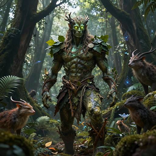 Photorealistic CGI of a muscular, green-skinned forest creature with glowing eyes, leafy armor, and antlers, standing amidst mossy trees