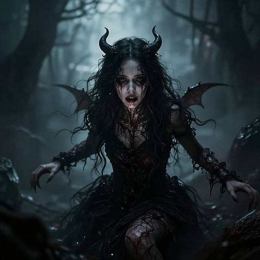 Digital artwork of a dark, demonic woman with black horns, wet hair, blood on her face, and bat-like wings in a foggy forest.