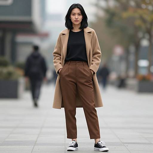 Photograph of an Asian woman with shoulder-length black hair, wearing a beige coat, black top, brown high-waisted pants, and black-and