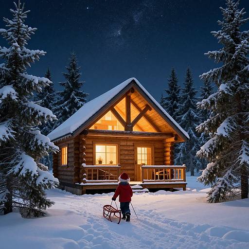Photograph of a log cabin at night, lit warmly from inside, surrounded by snow-covered trees, with a child pulling a sled on a snowy path