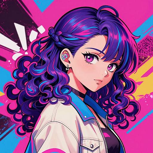 Digital anime-style portrait of a young woman with wavy purple and blue hair, pink eyes, white jacket, and colorful background.