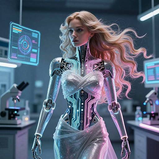 Futuristic Feminine Android in High-Tech Lab