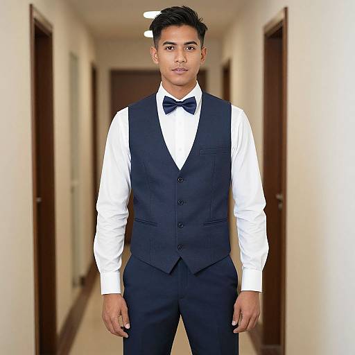 Photograph of a young Asian man with short black hair, wearing a black vest, white dress shirt, and black bow tie, standing in a long