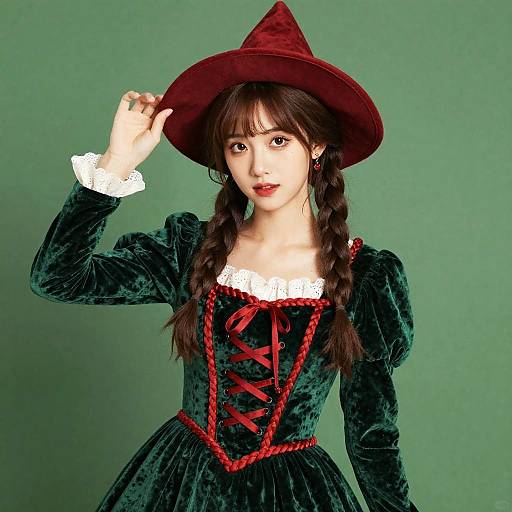 Photograph of a young Asian woman with braided brown hair, wearing a green velvet witch costume with red lace-up bodice, white lace trim,
