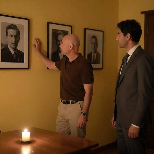 Two Men in Dimly Lit Room with Portraits