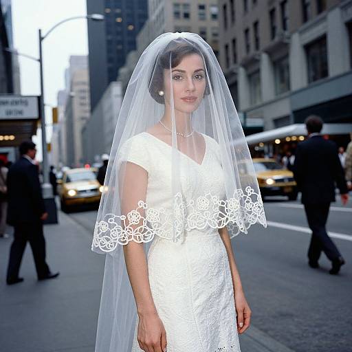 Photograph of a beautiful bride in a white lace wedding dress and veil, standing on a busy city street with yellow taxis and tall buildings in the background