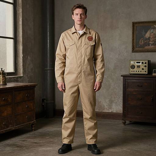 Photograph of a serious-looking man in a beige pilot uniform with a red emblem, standing in a dimly lit, vintage room with wooden furniture and