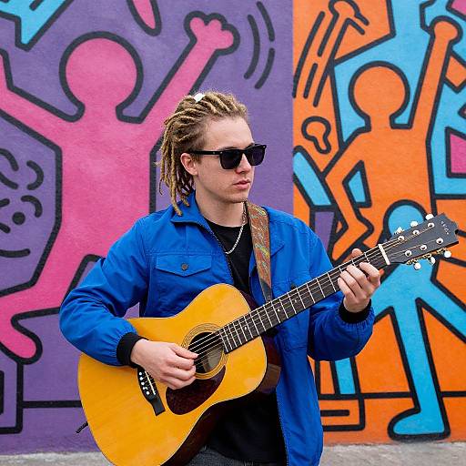 Young Man Playing Guitar by Colorful Mural