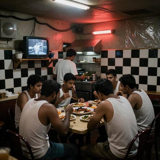 Group of Men Eating in Dimly Lit Restaurant