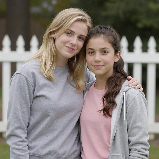 Two Women Standing Outdoors by White Picket Fence