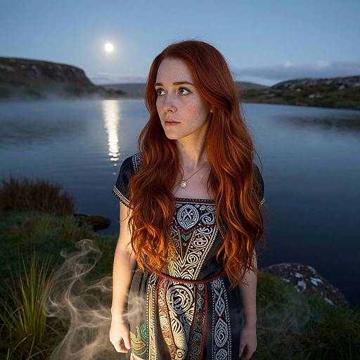 Photograph of a red-haired woman with long wavy hair, wearing a black and white patterned dress, standing by a misty lake at dusk