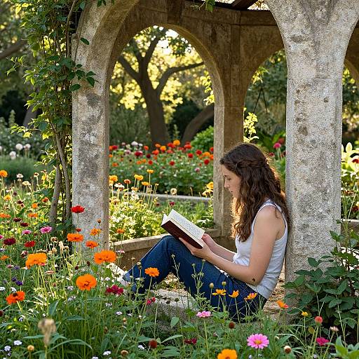 Photograph of a curly-haired woman in a white tank top and blue jeans, reading a book while seated under a stone archway surrounded by vibrant,