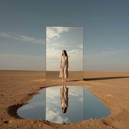 Photograph of a woman in a white dress standing in front of a transparent cube, reflected in a small desert puddle under a clear blue sky.