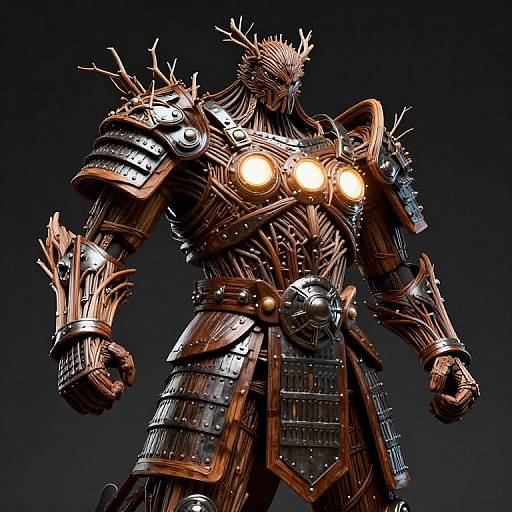 Photorealistic CGI of a towering, armored, metallic humanoid with glowing orange eyes, intricate spiky armor, and dark, stormy background.
