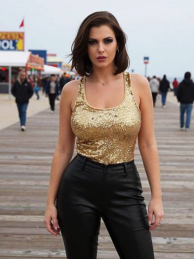 Photograph of a confident brunette woman with shoulder-length hair, wearing a shimmering gold sequin tank top and black leather pants, standing on a wooden
