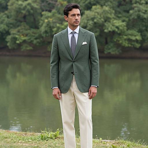 Photograph of a handsome, dark-haired man in a green blazer, white pants, and patterned tie, standing by a serene lake with dense
