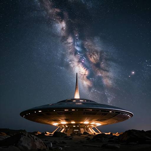 Photograph of a glowing, saucer-shaped UFO with a bright, pointed top, standing on rocky terrain under a starry night sky with the Milky