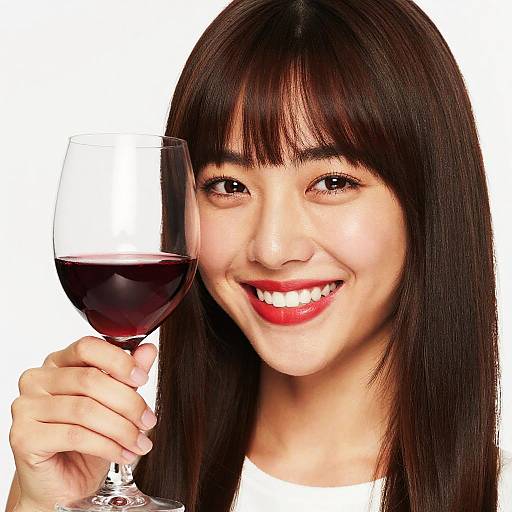 Photograph of a smiling East Asian woman with straight black hair, holding a glass of red wine, against a plain white background.