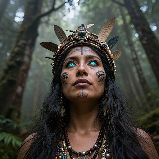 Photograph of a Native American woman with blue eyes, black hair, feathered headpiece, tribal face paint, and beaded necklace, in a