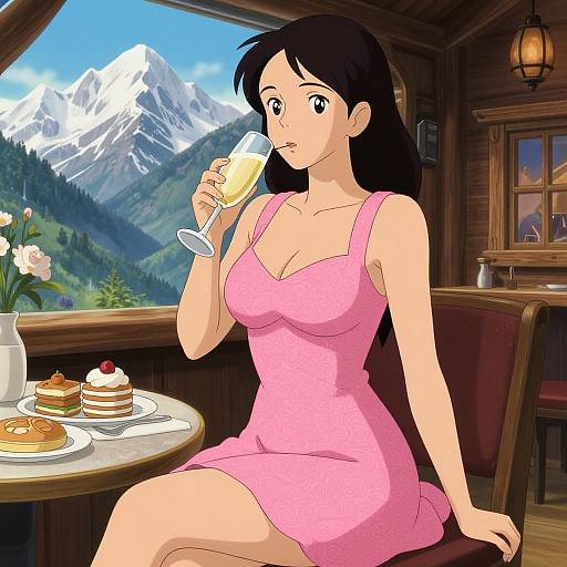 Anime-style illustration of a woman with black hair, wearing a pink dress, sipping a drink in a mountain cabin, with a plate of pancakes and