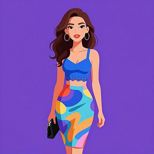Digital illustration of a confident woman with long brown hair, wearing a blue lace crop top and colorful patterned skirt, holding a black clutch, against a