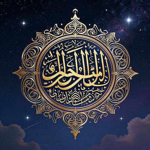 Glowing golden Arabic calligraphy in ornate frame against a starry, twilight sky with clouds, creating a celestial, ethereal effect.