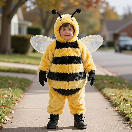 Child in Bumblebee Costume on Suburban Sidewalk