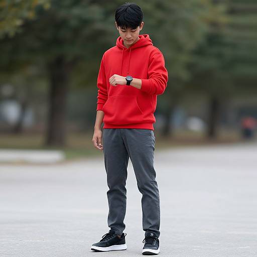Young Asian man in red hoodie, gray pants, black sneakers, adjusting wristwatch in park with blurred trees in background. Photograph.