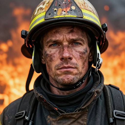 Photograph of a grimy, intense-eyed male firefighter with a battered helmet, soot-covered face, and black uniform, standing against a fiery,