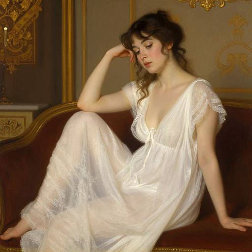 Digital painting of a fair-skinned woman with curly brown hair, wearing a white, lace-trimmed, deep V-neck dress, reclining on