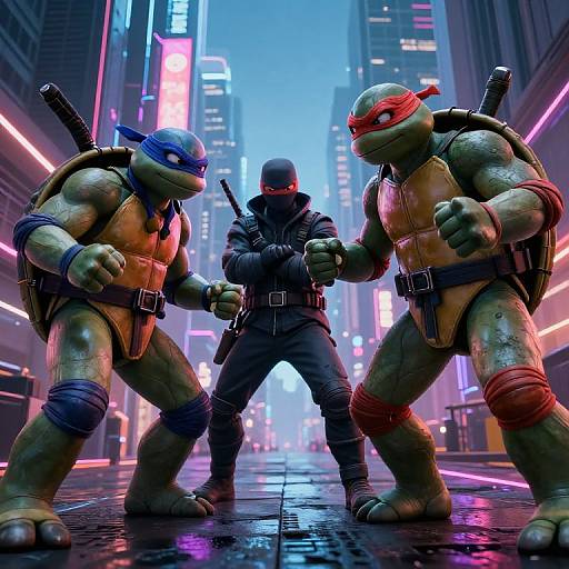CGI image of two Teenage Mutant Ninja Turtles (blue and red masks) facing a ninja in a neon-lit, futuristic city street